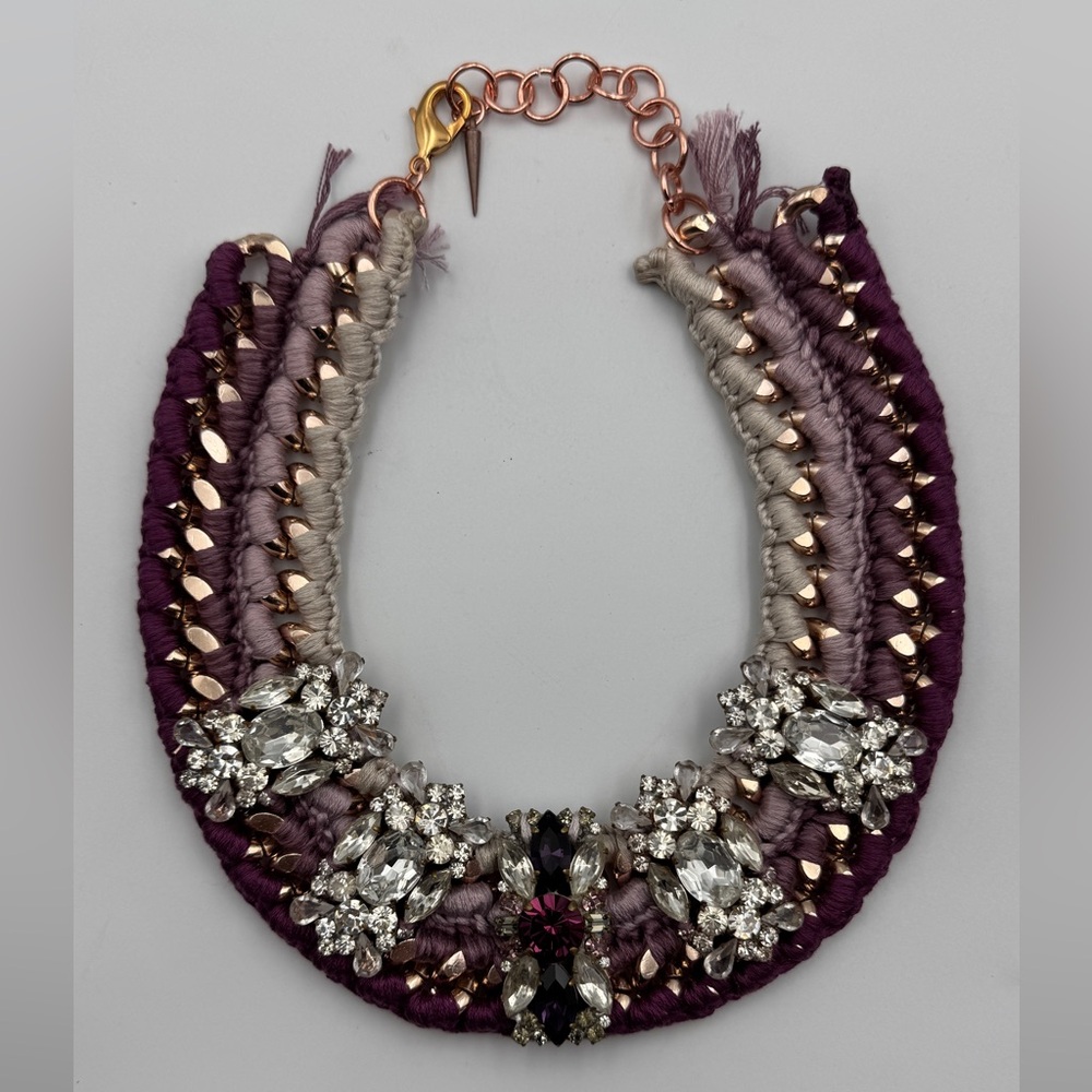 Purple and Rose Colored Layered Crystal Necklace Faux Stone knitted